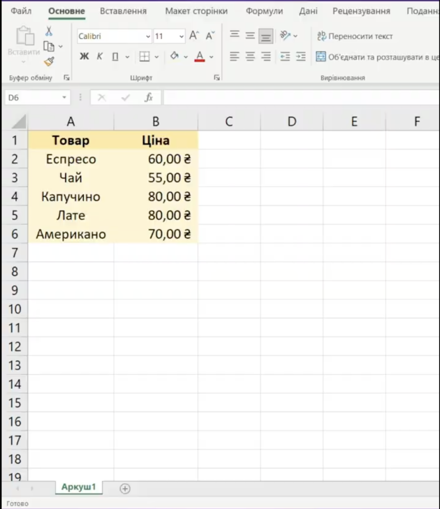 Згрупована таблиця в Excel з заголовками "Товар" і "Ціна", де під заголовками наведені дані про напої та їхні ціни.